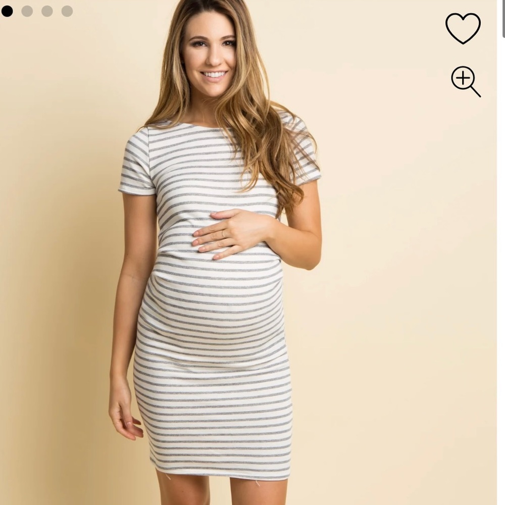 PinkBlush Ivory Grey Striped Fitted Short Sleeve Maternity Dress- size small
